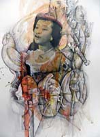 Caridad Cuervo cantando a las máscaras africanas. 70 x 50 cm. Mixta cartulina. 2017